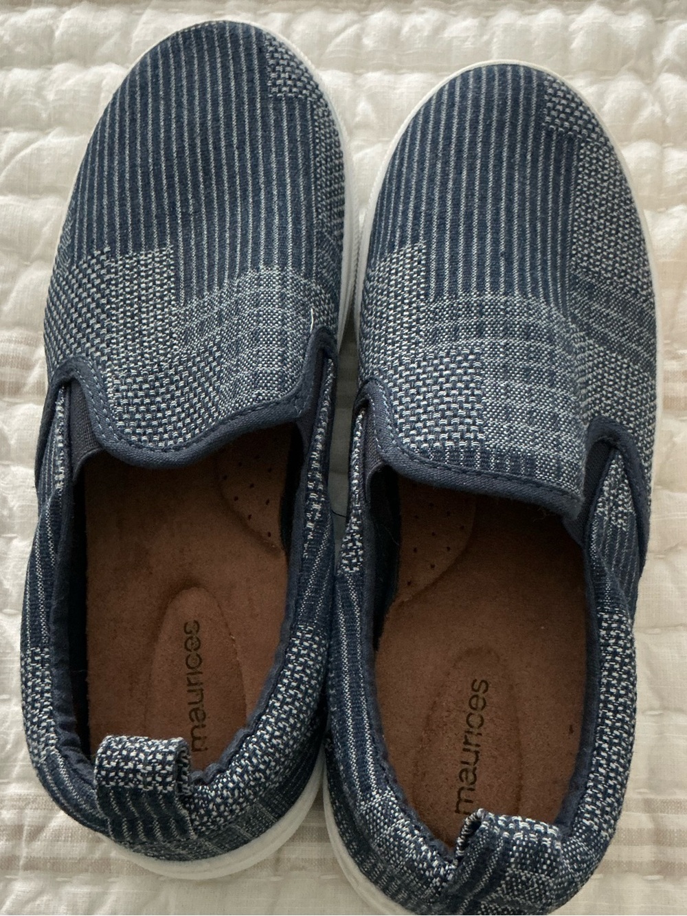 Maurice Women’s 9.5M Slip-On Sneakers – Blue Woven Denim-Look Casual Shoes, New